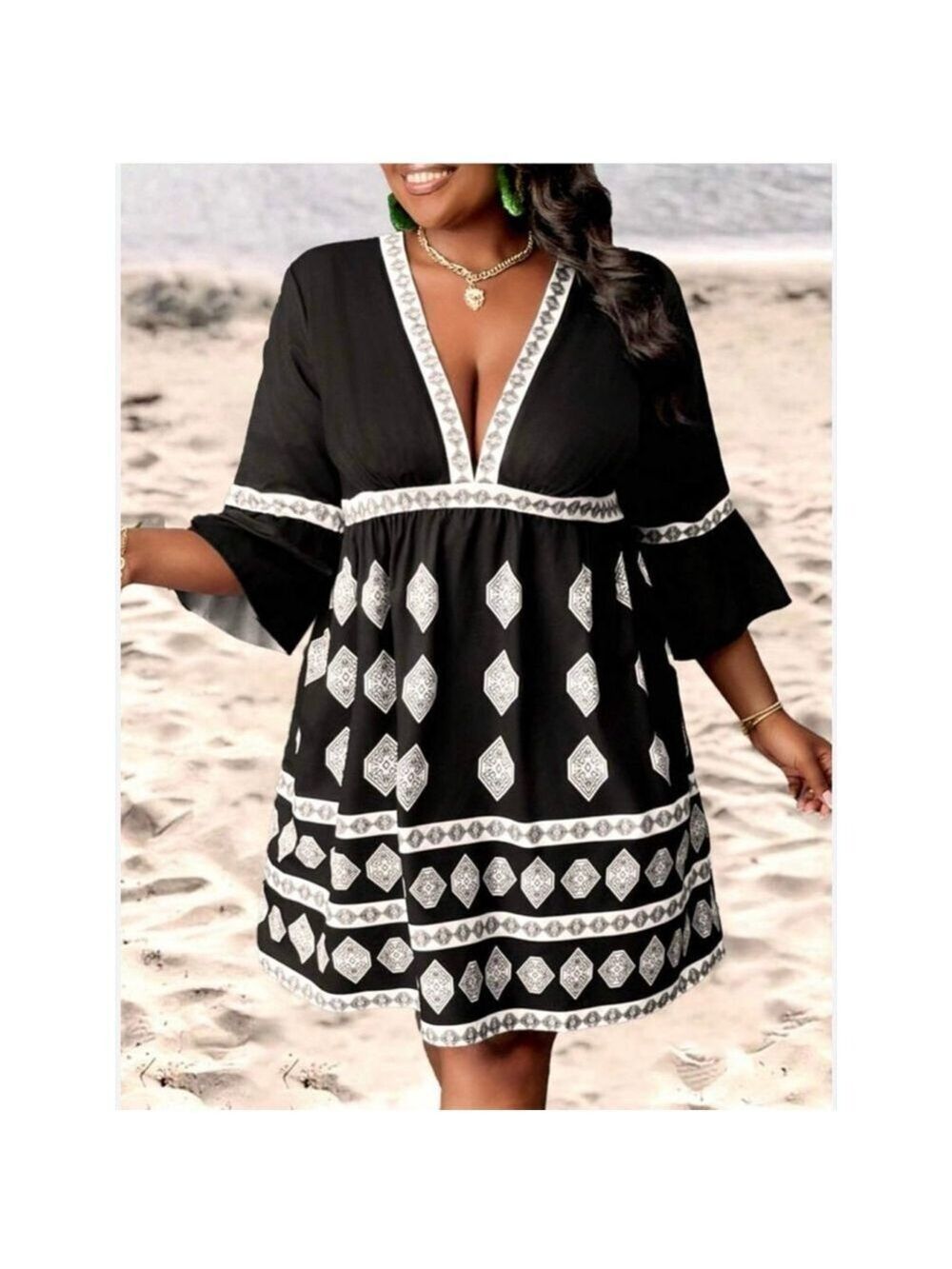 Made with Love Black White Geometric Mini Dress Bell Sleeve Size S